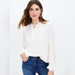 LOFT Women's Stand Collar Henley Long Sleeve Lined Cream Blouse S